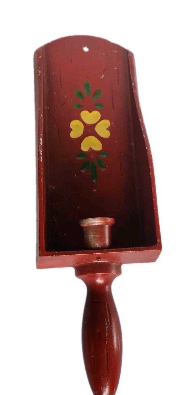 Vintage MCM Wall Sconce Candleholder Tole Floral Folk Art Metal Red Shabby Boho